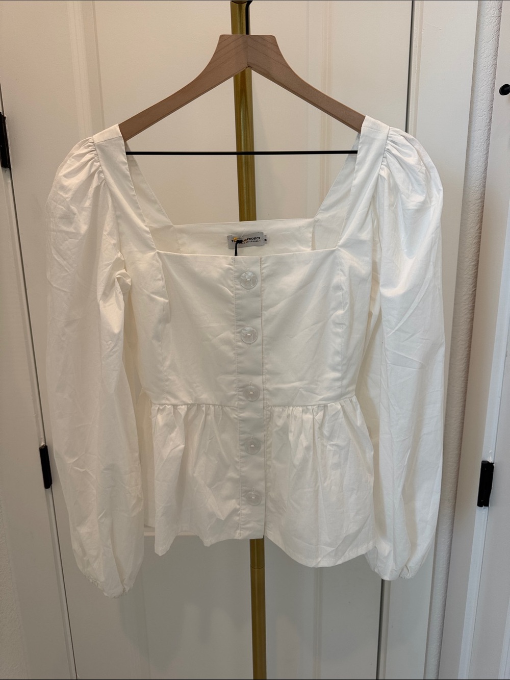 Square-Neck White Button-Front Peplum Blouse